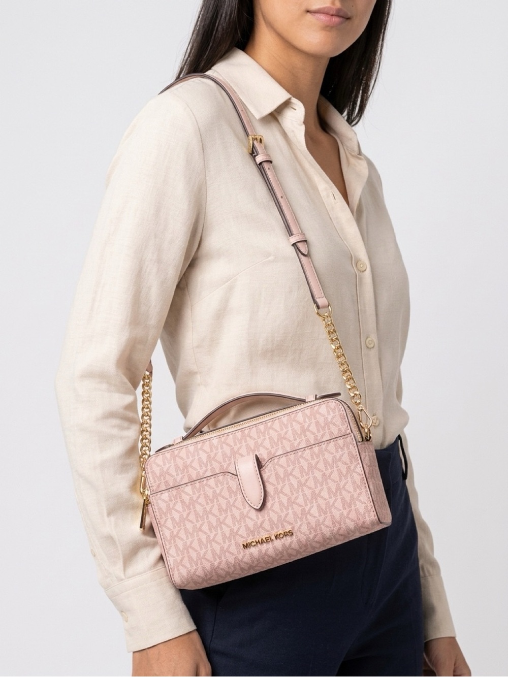 Michael Kors Jet Set Pink Logo Double Zip Crossbody Bag Gold Hardware